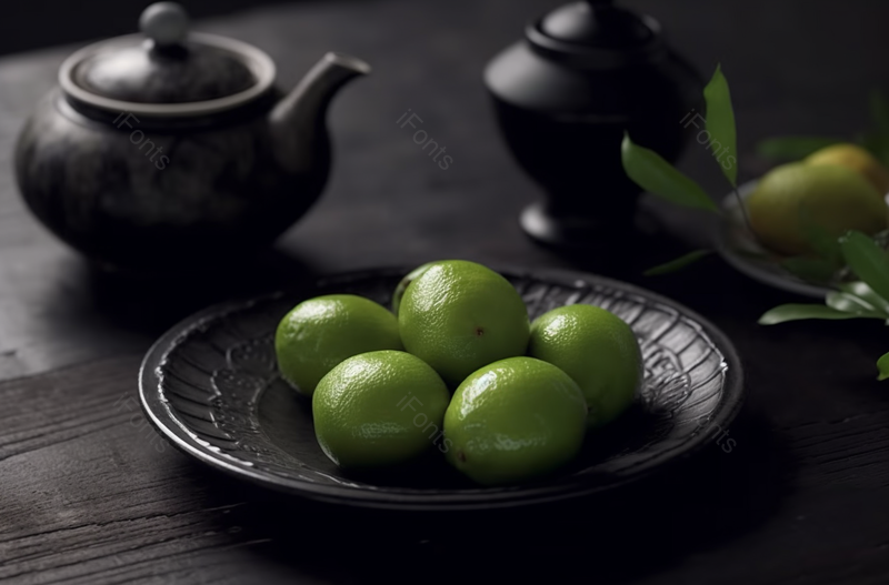 实拍香水柠檬摆盘茶壶黑色场景拍摄,高清,摄影图,摄影图片,图片大全,摄影图免费下载